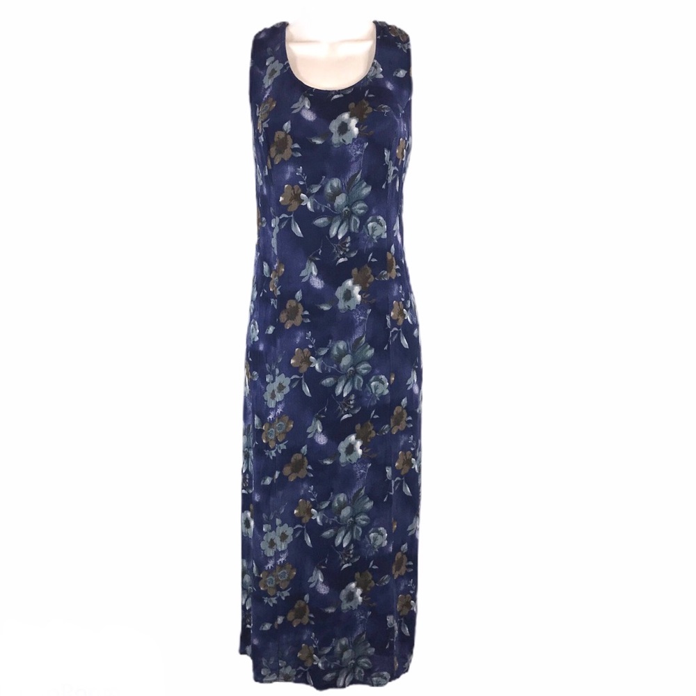 Vintage Navy Floral Maxi Rayon Dress, Size 14